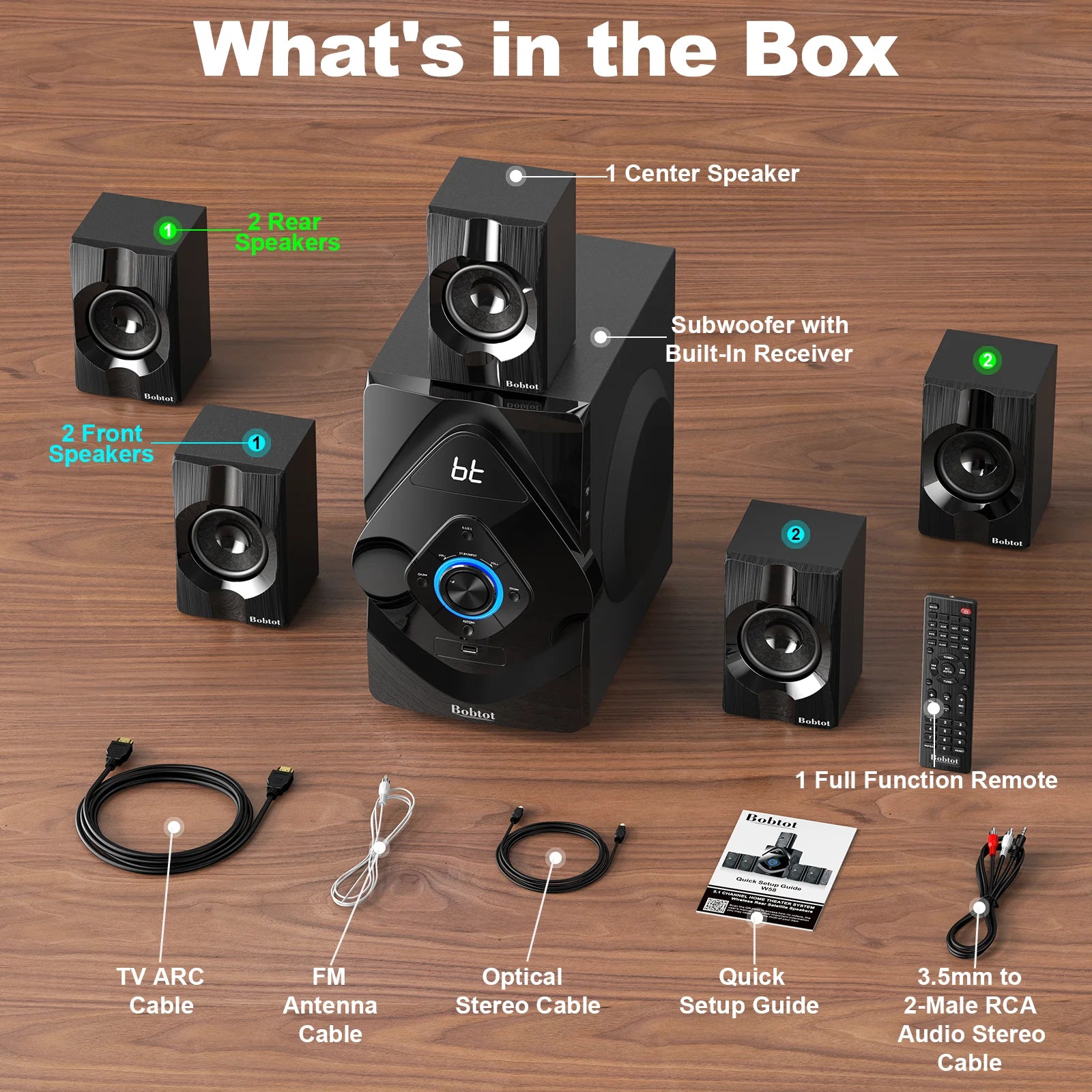 Surround Sound Systems Wireless Rear Satellite Speakers - 800W 6.5Inch Subwoofer 5.1/2.1 Channel Home Theater Systems with ARC Optical Bluetooth Input