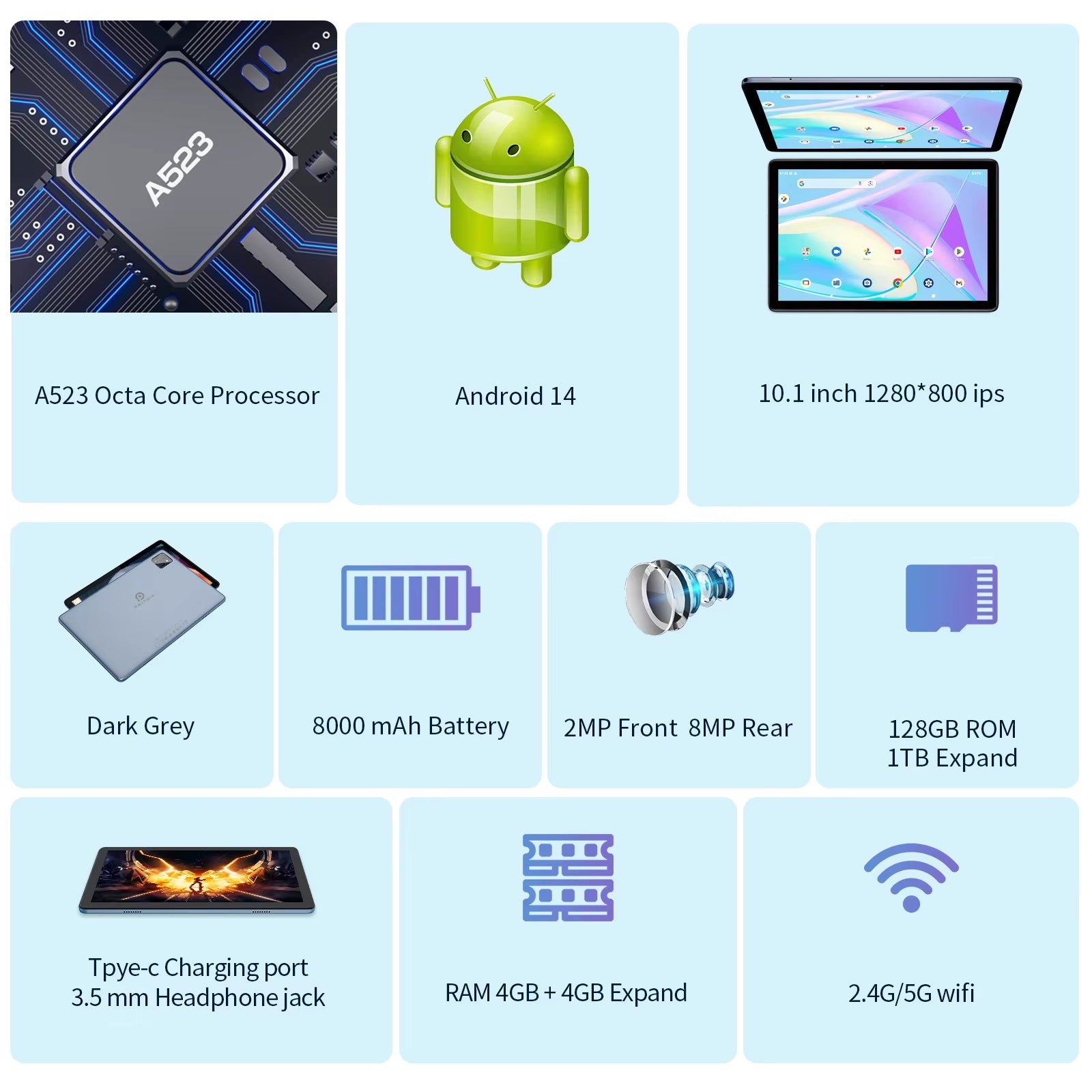 Android 14 Tablet 10.1 Inch, 8GB(4+4 Expand) RAM + 128GB ROM, Octa Core, 5G Wifi, with Keyboard, Mouse, Case