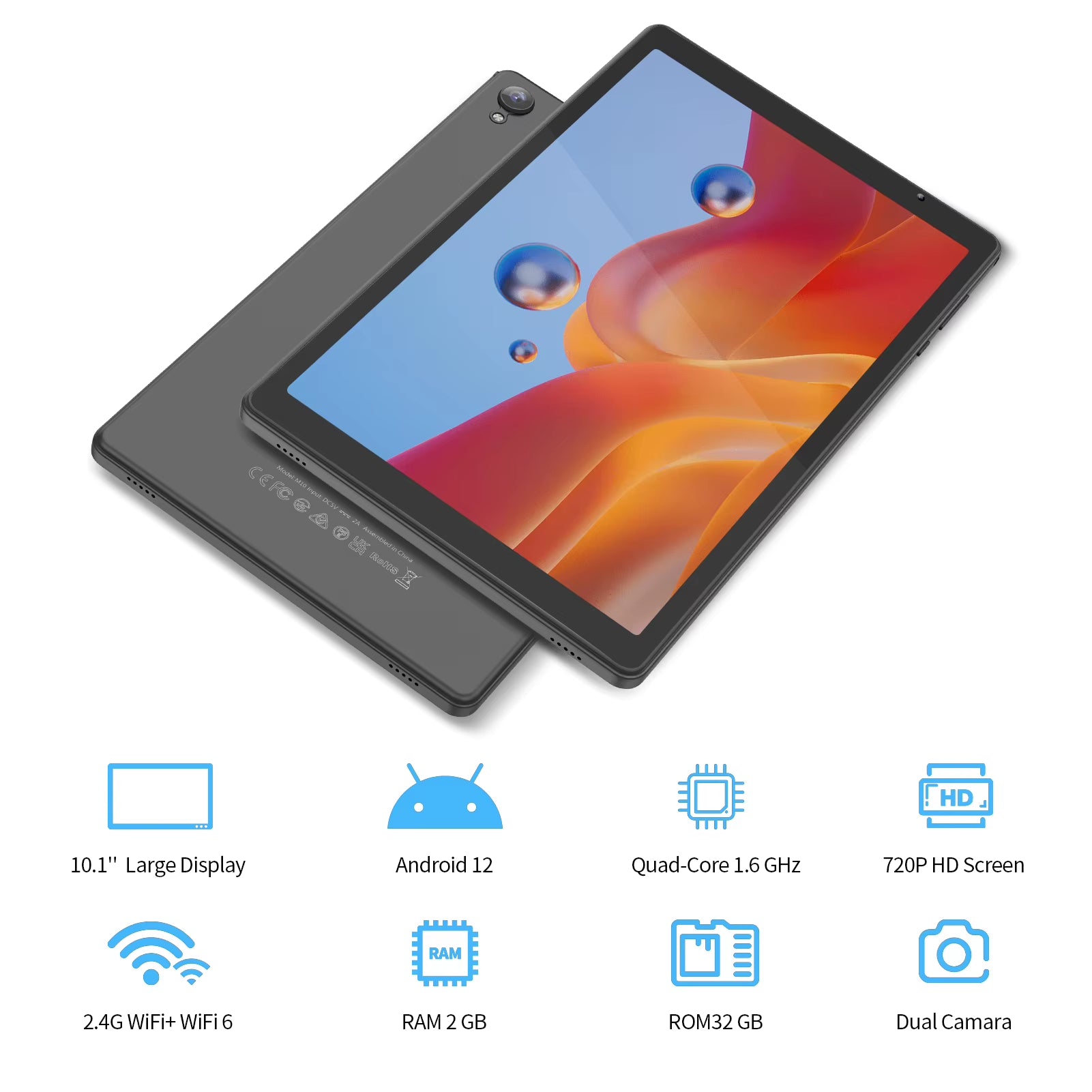Tablet 10 Inch Android 12 32GB ROM 512GB Expand Tablets, 2GB RAM Wi-Fi 6 Tablet PC with 1.6Ghz Quad Core CPU, 10.1 Inch