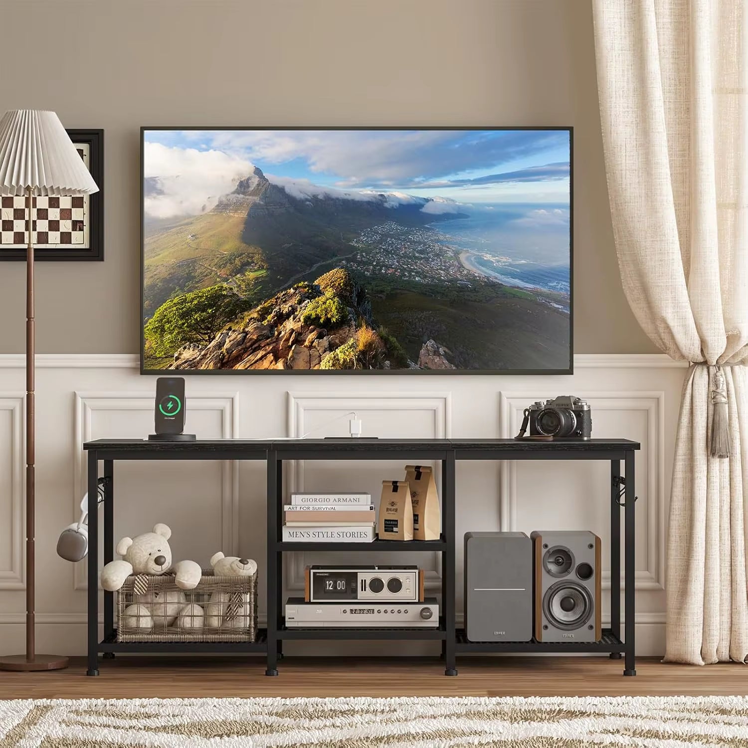 Entertainment Center for up to 55 Inch Tvs, TV Stand with Power Outlet and Open Storage Shelves, TV Media Console Table for Livi