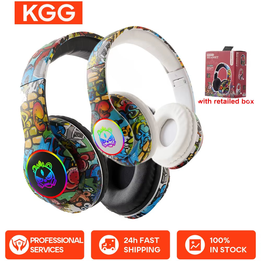 Graffiti Bluetooth Headphones Wireless LED Light Game Doodle Wireless Headsets with Mic for Kids Boy Girl Gift Support TF Card