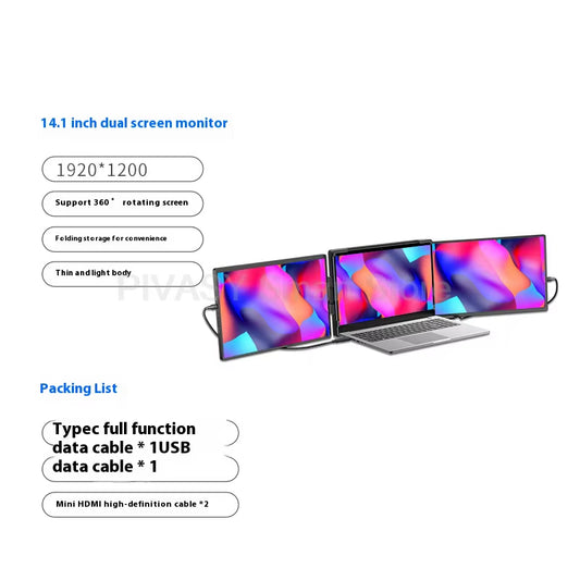 14.1 Inch Portable Dual-Screen HD Monitor IPS 16:10 Lightweight Type-C HDMI Extend Screen for Laptop Stock Trading Multi-Display