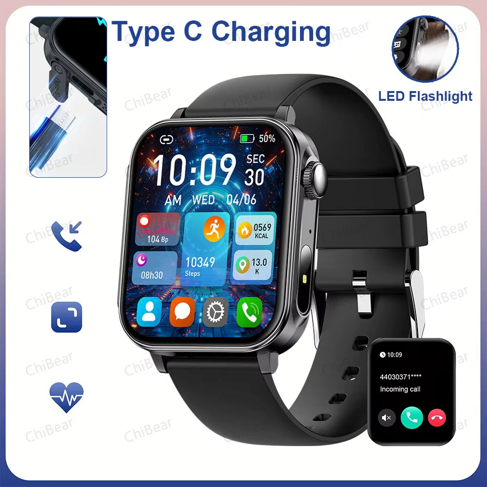 New Type-C Charging Bluetooth Call Smart Watch 1.83‘’ HD Full Screen Touch Flashlight 100+ Sports Mode Waterproof Smartwatch