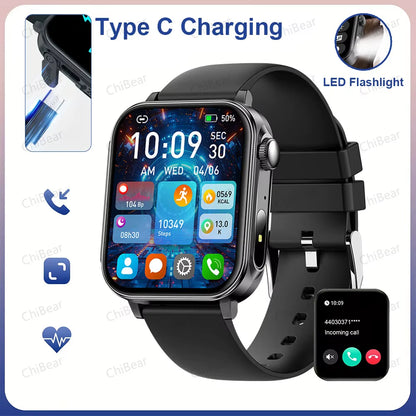 New Type-C Charging Bluetooth Call Smart Watch 1.83‘’ HD Full Screen Touch Flashlight 100+ Sports Mode Waterproof Smartwatch