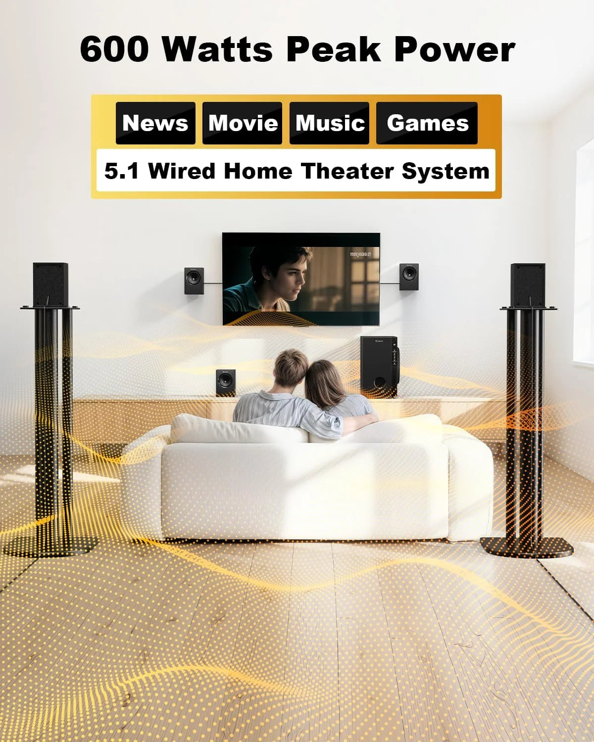 Home Theater Systems with 5.25 Inch Subwoofer, 5.1 Wired Satellite Surround Sound Speakers, 600 Watts Peak Power Deep Bass Audio Stereo System with FM Radio Bluetooth AUX DVD USB SD Input