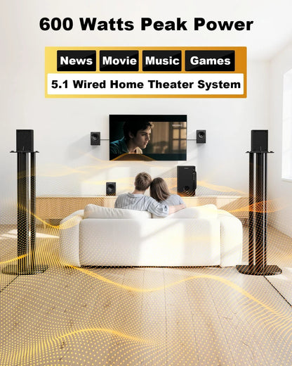 Home Theater Systems with 5.25 Inch Subwoofer, 5.1 Wired Satellite Surround Sound Speakers, 600 Watts Peak Power Deep Bass Audio Stereo System with FM Radio Bluetooth AUX DVD USB SD Input
