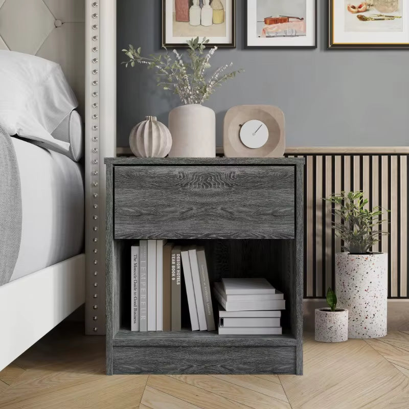 Versatile Wood Side Table for Living Room, Lounge, Stable and Sturdy Design. Minimalist Nightstand With1Drawer, Dark Gray