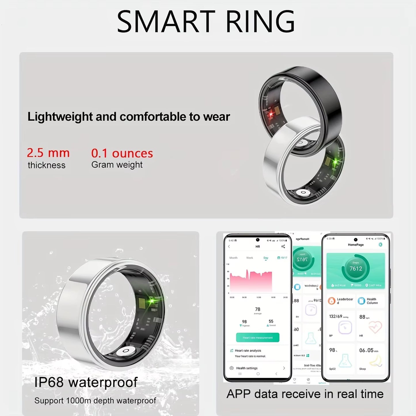 Smart Ring, Sleep Tracking, Motion Monitoring, Compatible with Iphone and Android, Smart Gift, Suitable for Women and Men