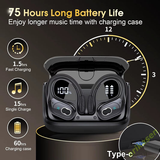Bluetooth 5.3 Headphones 2024 Wireless Earbuds 75Hrs Sport Bluetooth Earphone with Noise Cancelling Mic IPX7 Waterproof Headsets