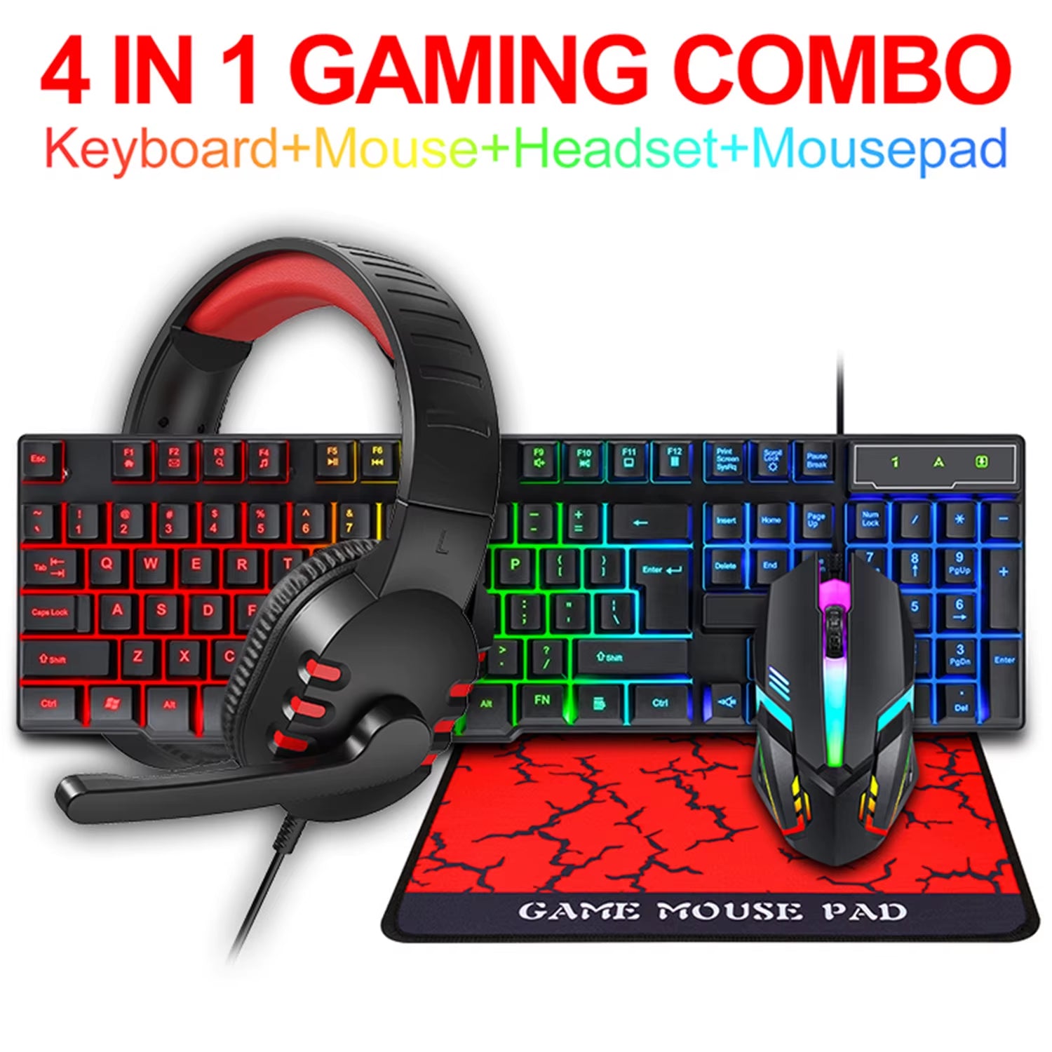 Esports Set 4 in 1 Kit Wired RGB Backlit Gaming Keyboard and Mouse Headset Combo,Rainbow LED Backlit Wired Keyboard for Gamer