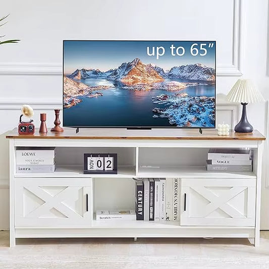 Redlife 65 Inch Tv Stand, White Farmhouse Tv Stand, Entertainment Center with Power Outlets for Tvs, Rustic Tv Stand with Storag