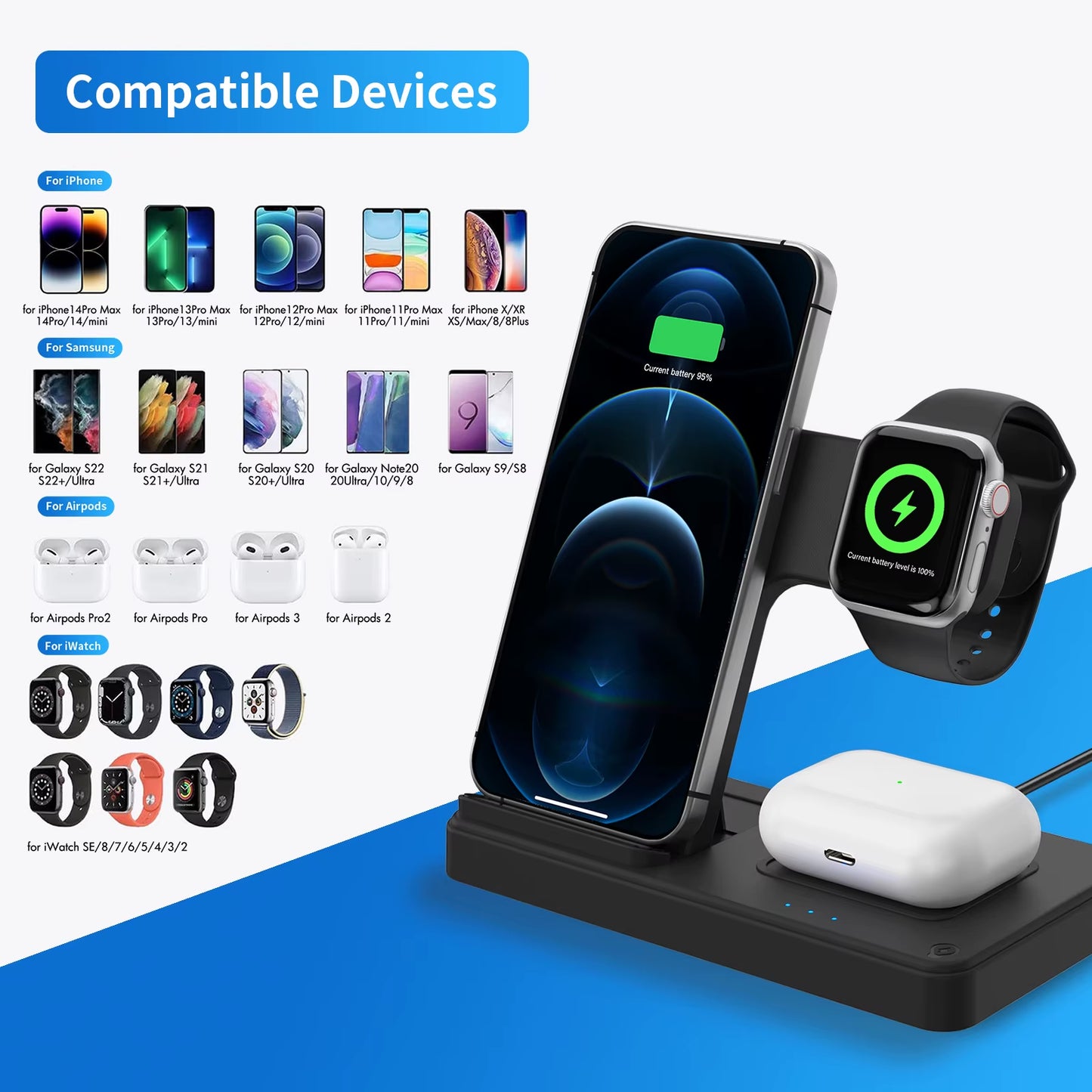 3 in 1 Wireless Charging Station Magnetic Fast Charging 18W Foldable for Iphone 16 15 14 13 12 Pro/Pro Max/Plus/Watch & Airpods