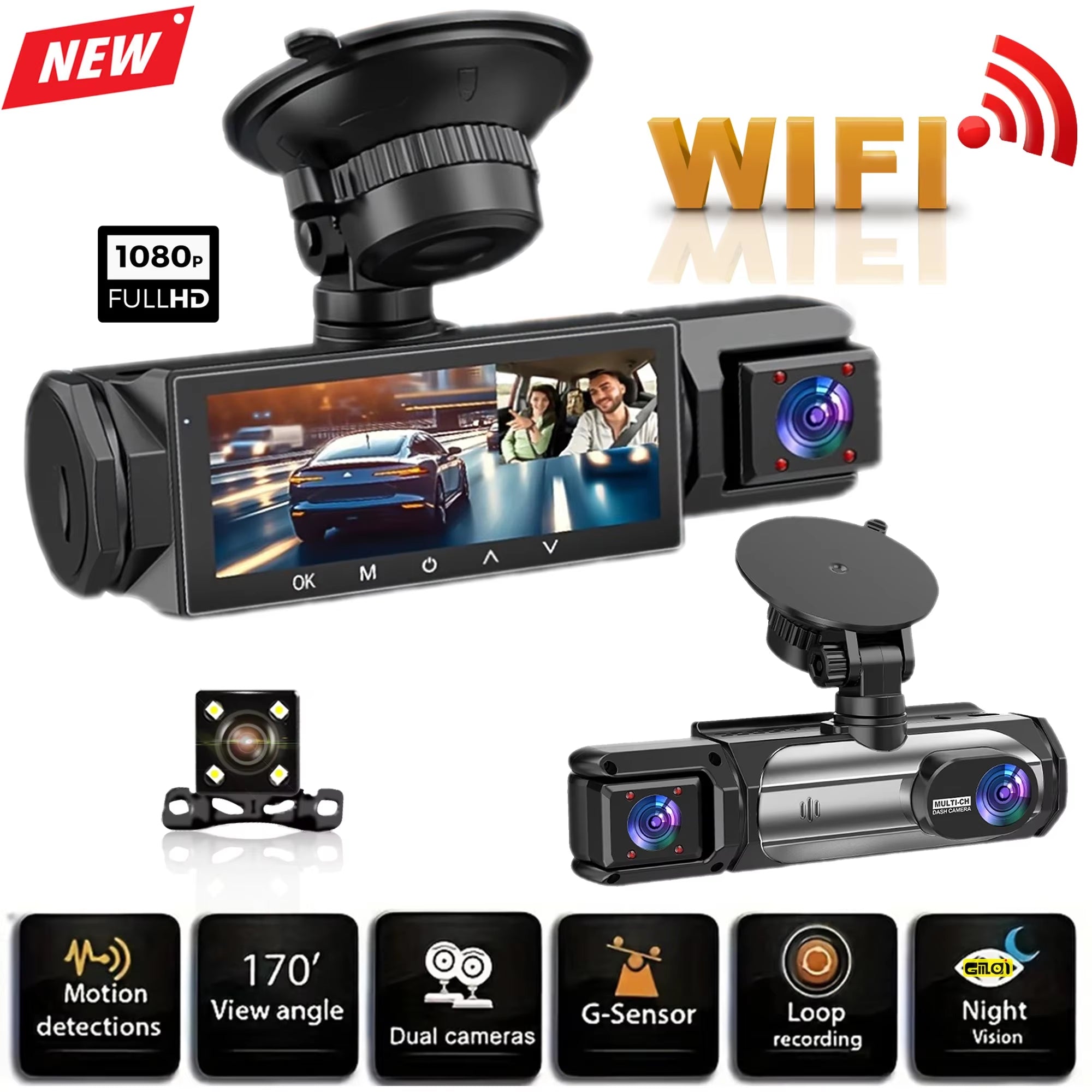 1080P WIFI Dash Cam for Cars 3Ch Front Rear and inside Car Camera with IR Night Vision Loop Recording Wide Angle Car DVR