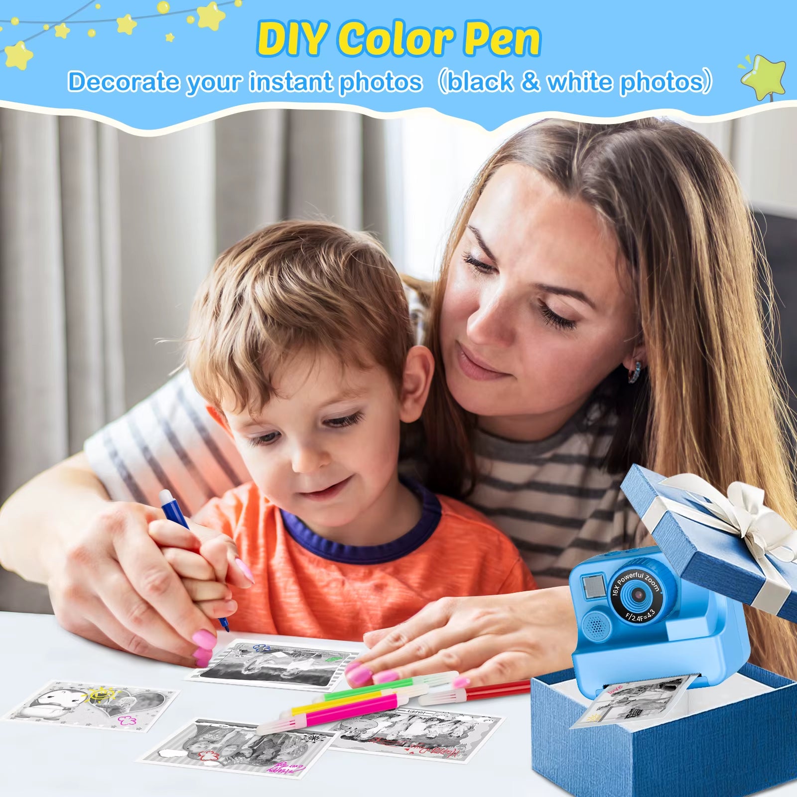 Kids Camera Instant Camera 1080P HD Dual Lens Selfie Digital Camera Print for Girls Boys Christmas Birthday Gifts Toys