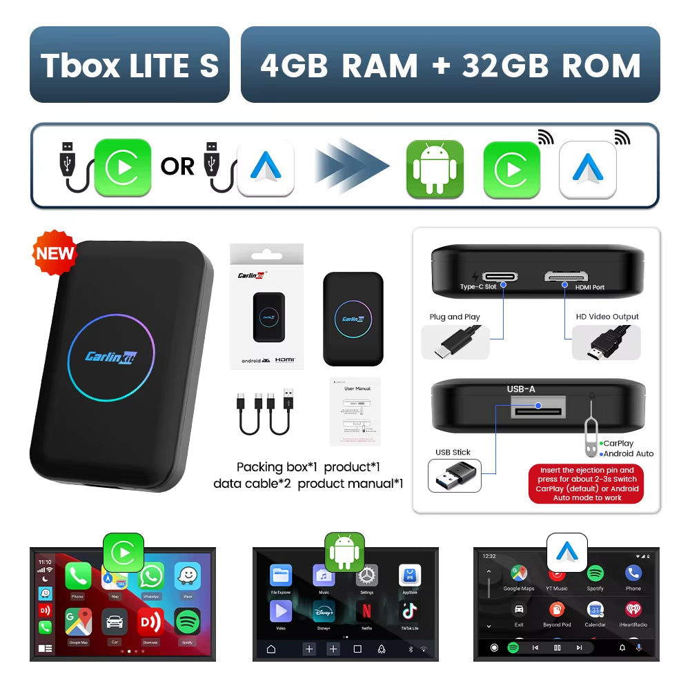 Carplay Android TV Box Lite Wired to Wireless Car Play Android Auto Adapter with HDMI Video Streaming Box for OEM Car