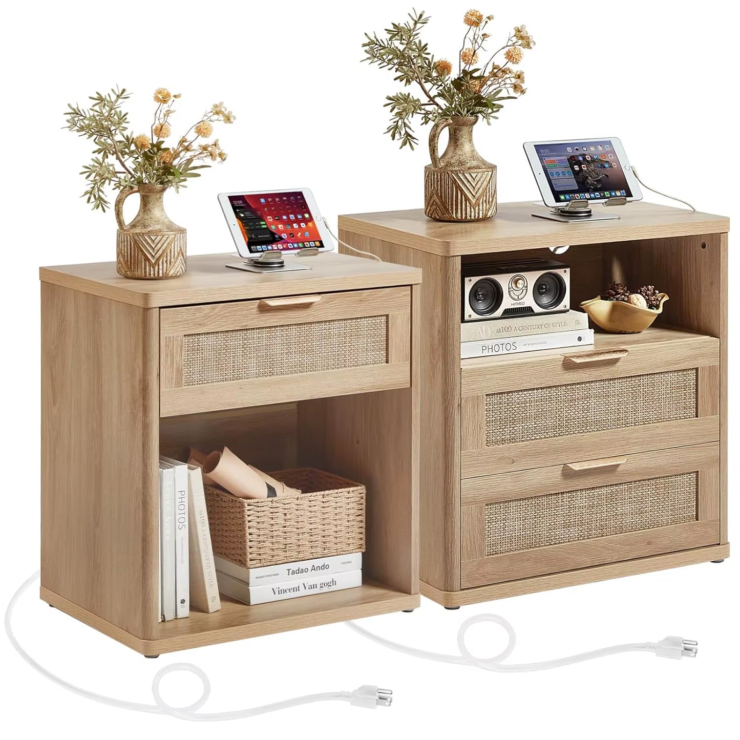 Rattan Nightstand Set of 2 with Charging Station, 1 & 2 Drawers Boho Night Stand Dresser for Bedroom, Natural Wood, Customized