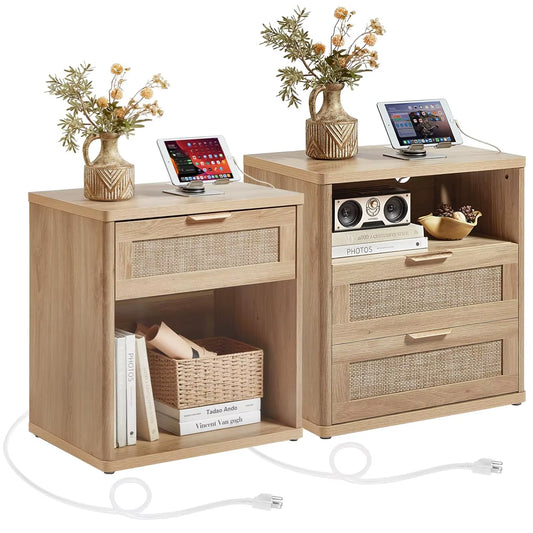Rattan Nightstand Set of 2 with Charging Station, 1 & 2 Drawers Boho Night Stand Dresser for Bedroom, Natural Wood, Customized