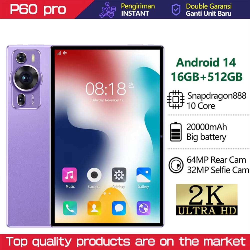 2025 Global Version New Original P60Pro Tablets Android 14 Tab 16GB+1TB 20000Mah High-End 5G Dual SIM Tablet PC with Keyboard