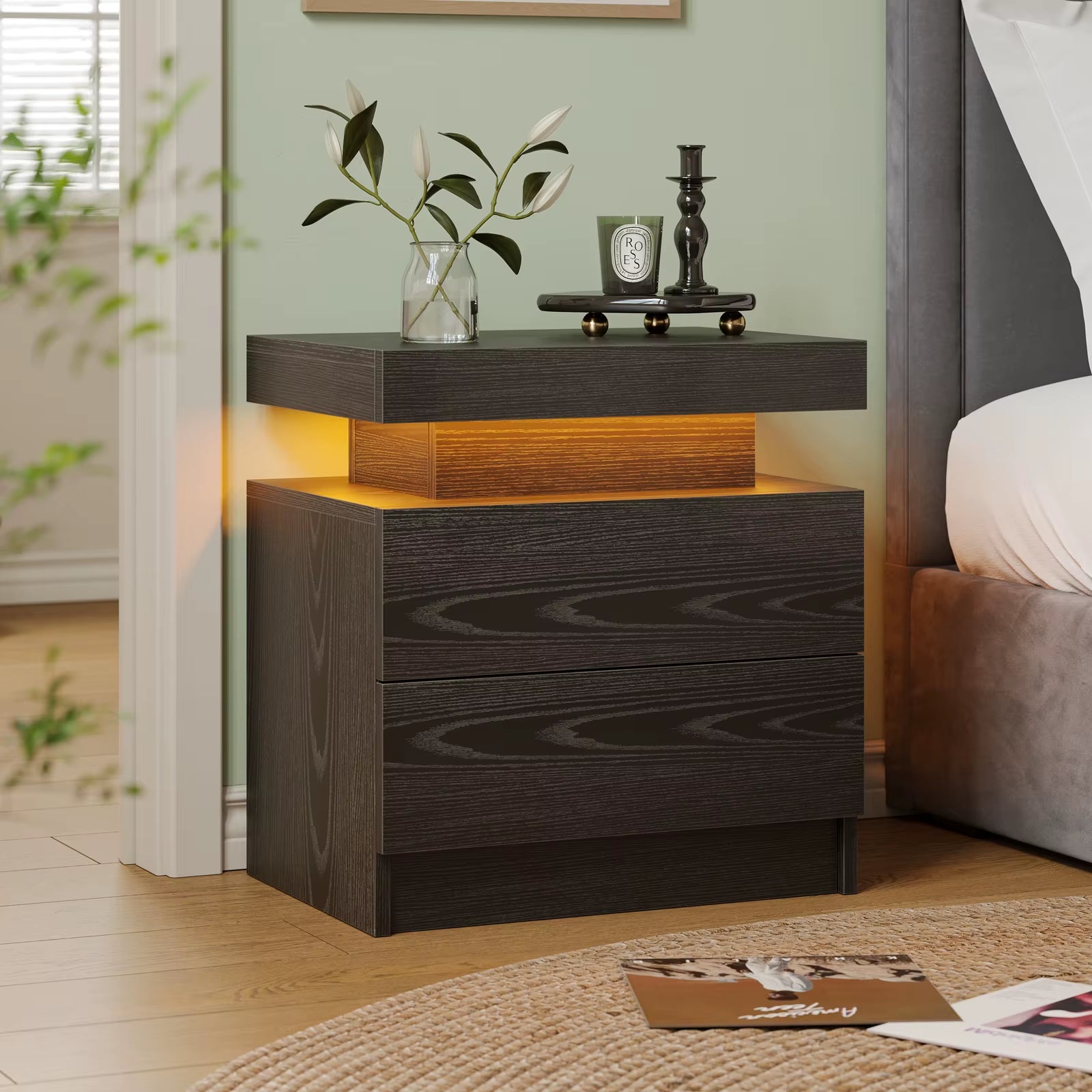LED Nightstands with 2 Drawers, End Table with RGB LED Lights for Bedroom Living Room, White Bedside Table