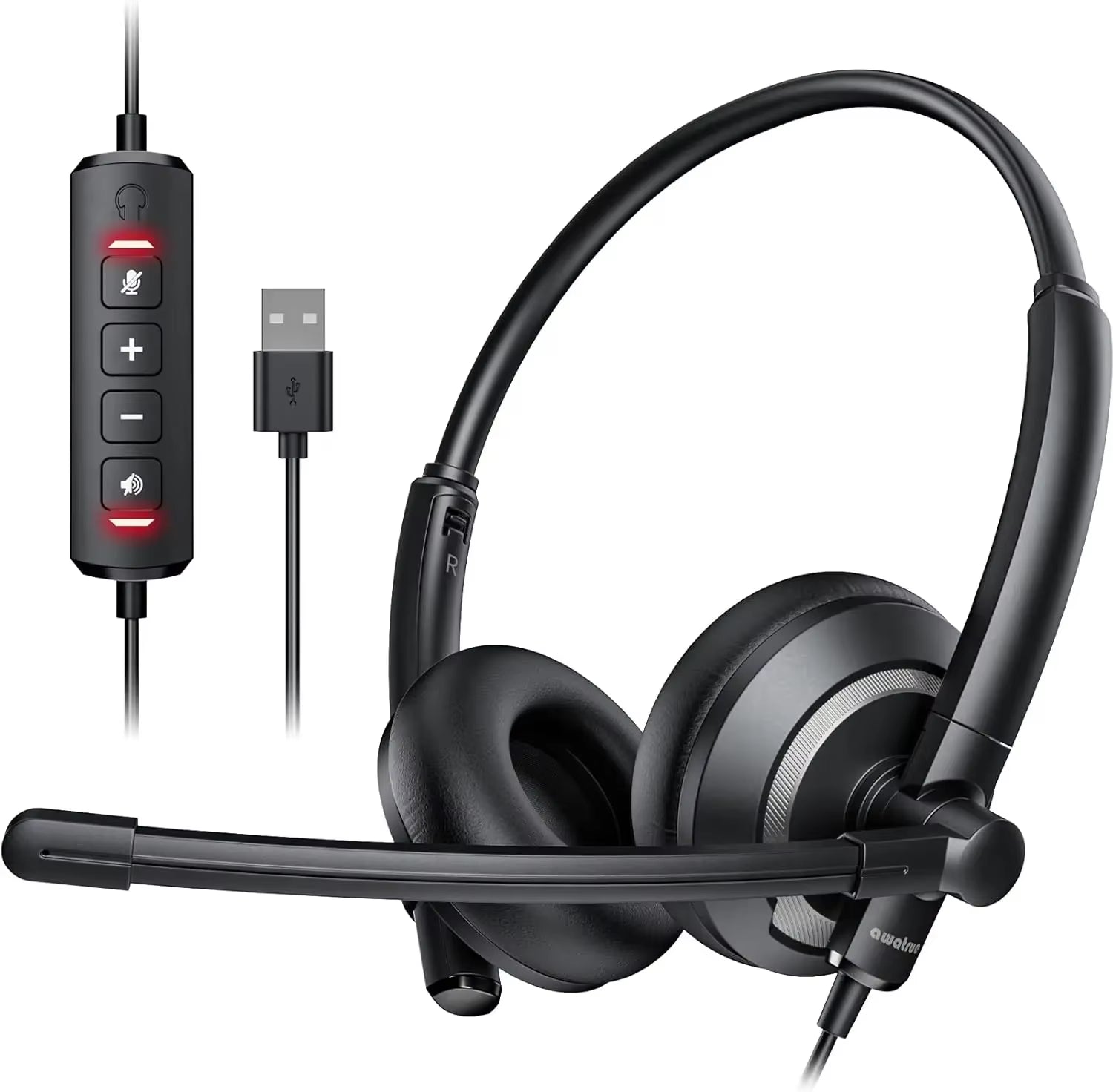 AWATRUE EH05 Wired USB Headset with Noise Cancelling Microphone Lightweight In-Line Control Enhanced Sound for PC Laptop