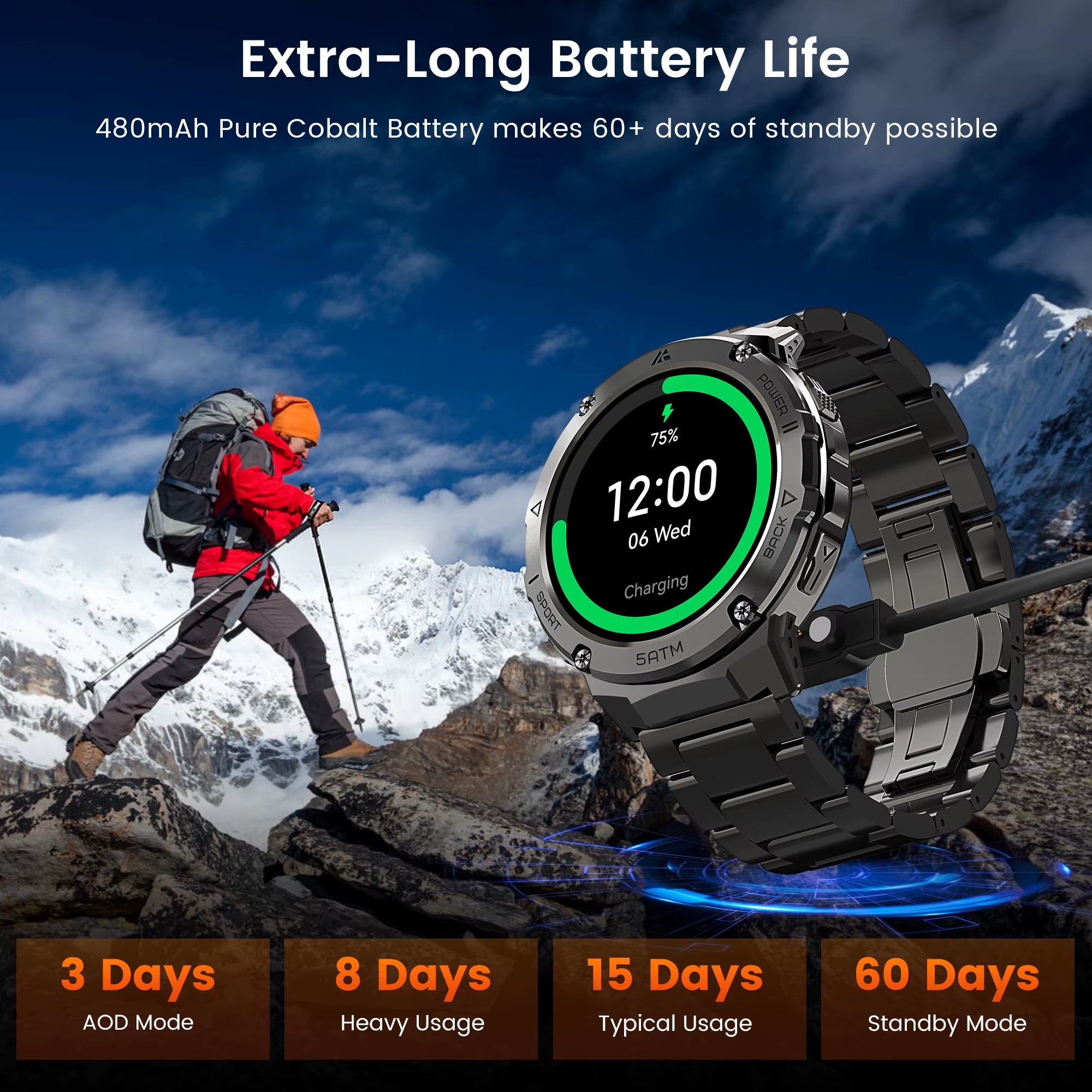 T3E GPS Smart Watch for Men Compass Altimeter Altitude Stainless Steel Shell 5ATM IP69K Waterproof 470Mah AMOLED Watches