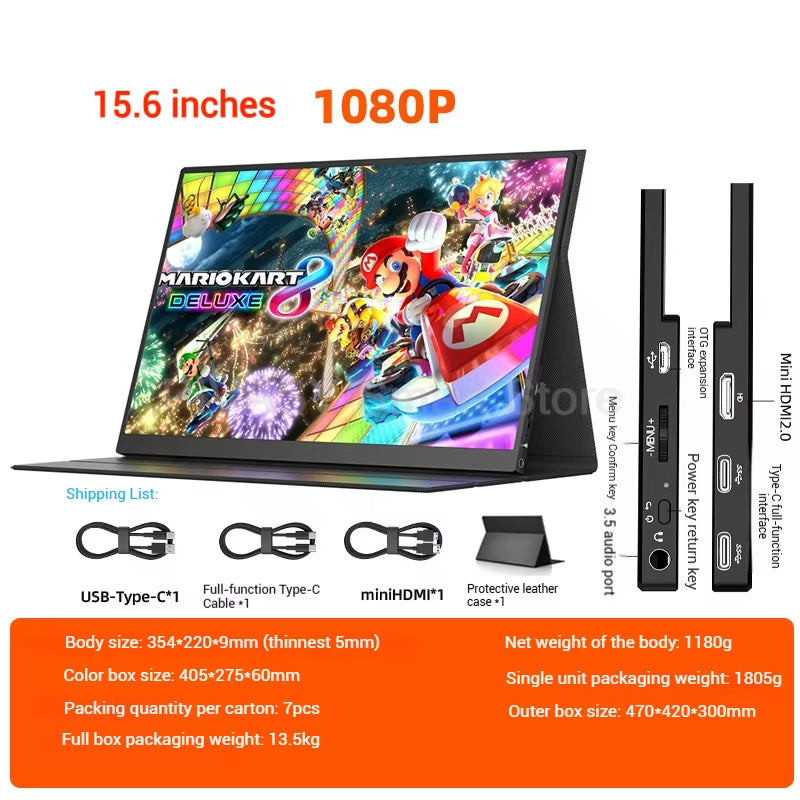 15.6 Inch Portable Monitor IPS HD 1080P PC Secondary Screen Car Expansion Screen Switch External Display 60Hz Refresh 6Ms 250Nit
