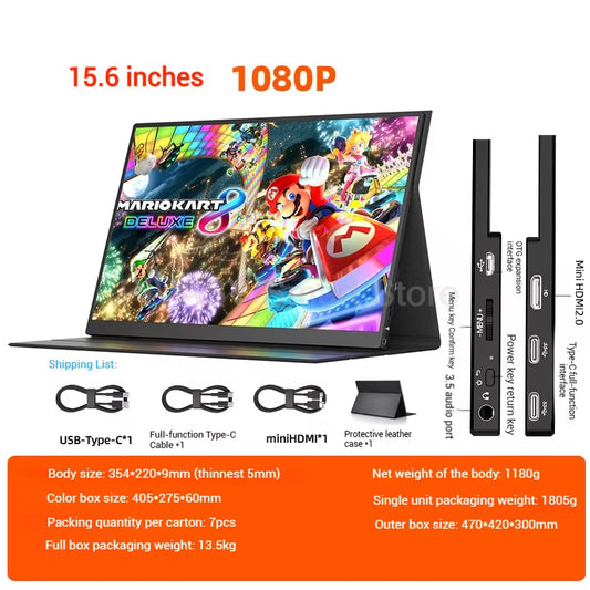 15.6 Inch Portable Monitor IPS HD 1080P PC Secondary Screen Car Expansion Screen Switch External Display 60Hz Refresh 6Ms 250Nit