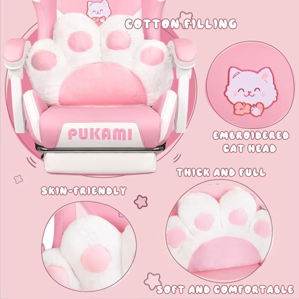 Cute Pink Gaming Chair with Cat Ears & Paw Lumbar Cushion, Ergonomic Reclining PC Chair for Girls with Footrest