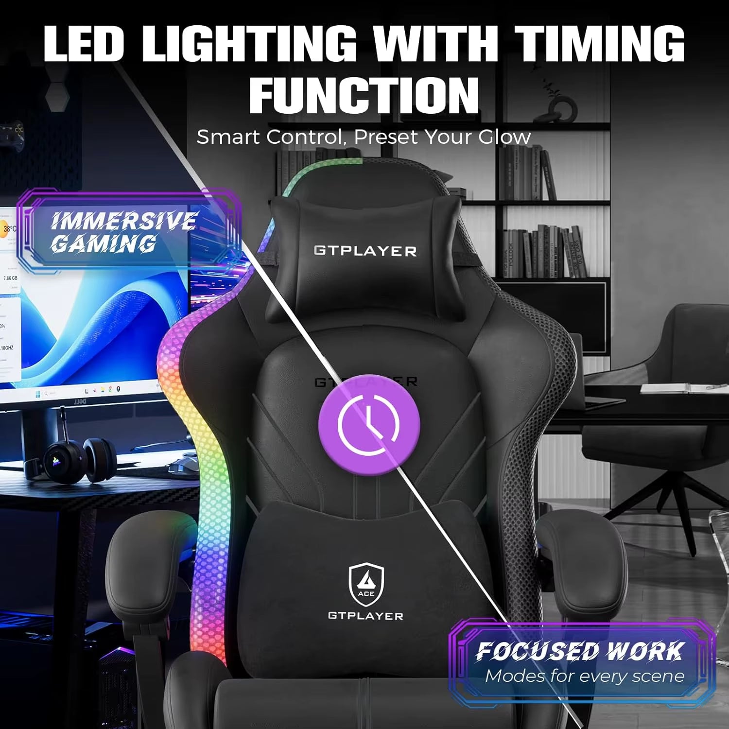 Ergonomic Gaming Chair with RGB LED Lights, High Back, Footrest & Reclining for Office Use