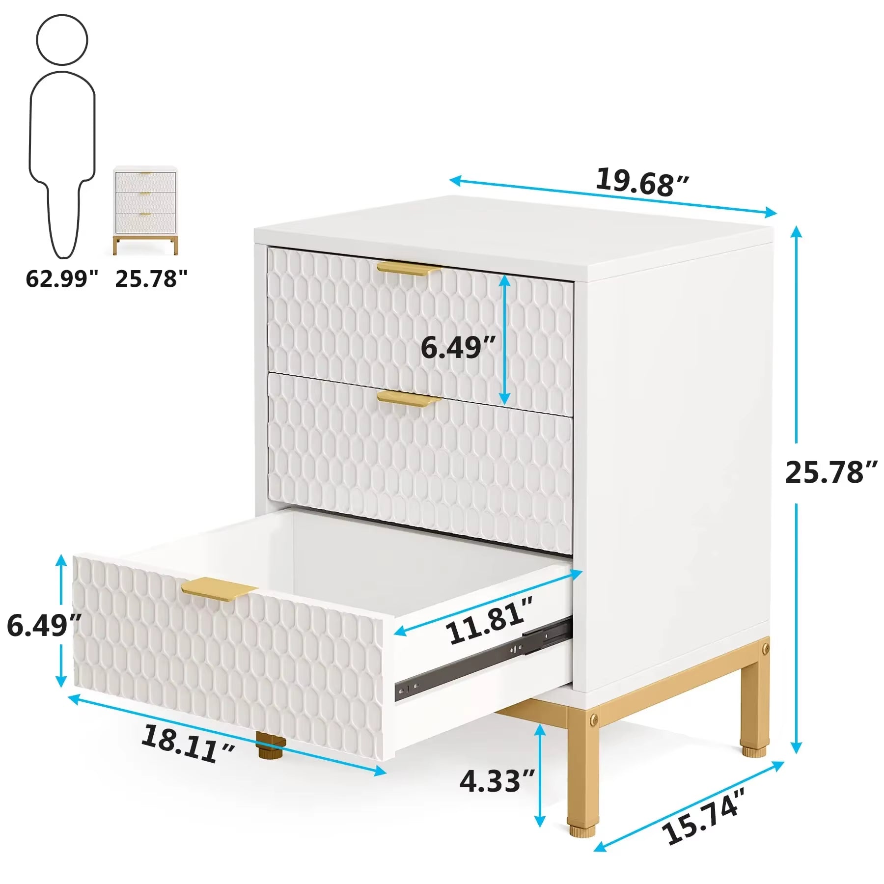 Modern Nightstand, 25.8" Tall Bedside Table with 3 Drawers, Contemporary End Side Table with Storage for Bedroom