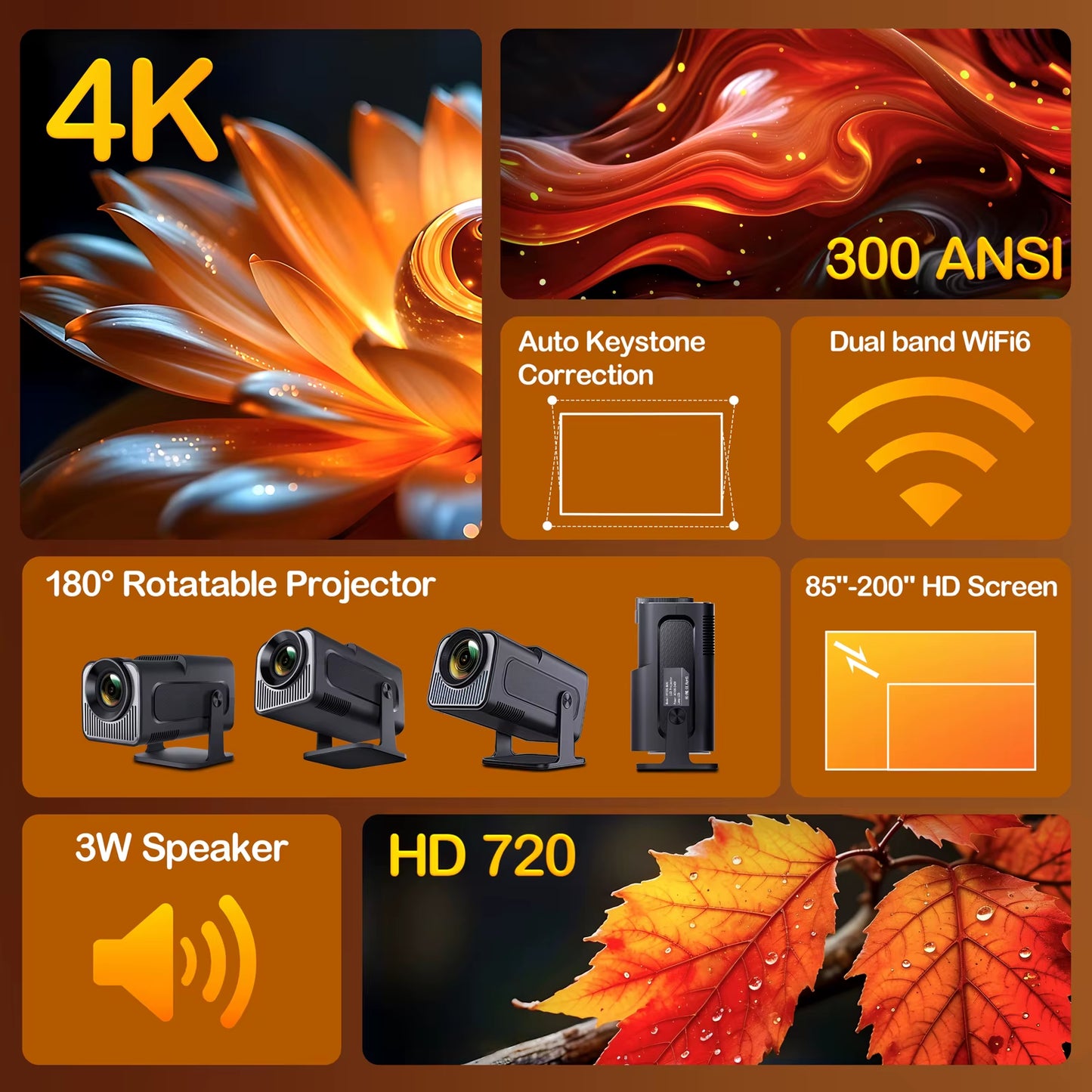 HY320 Mini Android 11 4K Projector 720P 300ANSI Wifi6 BT5.0 Ultra Short Focus 180° Rotable Projector for Home Cinema
