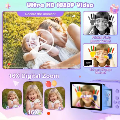 Children'S Digital Instant Print Camera - Educational Thermal Instant Print Camera with 32G Card and 1080P Video Functionality