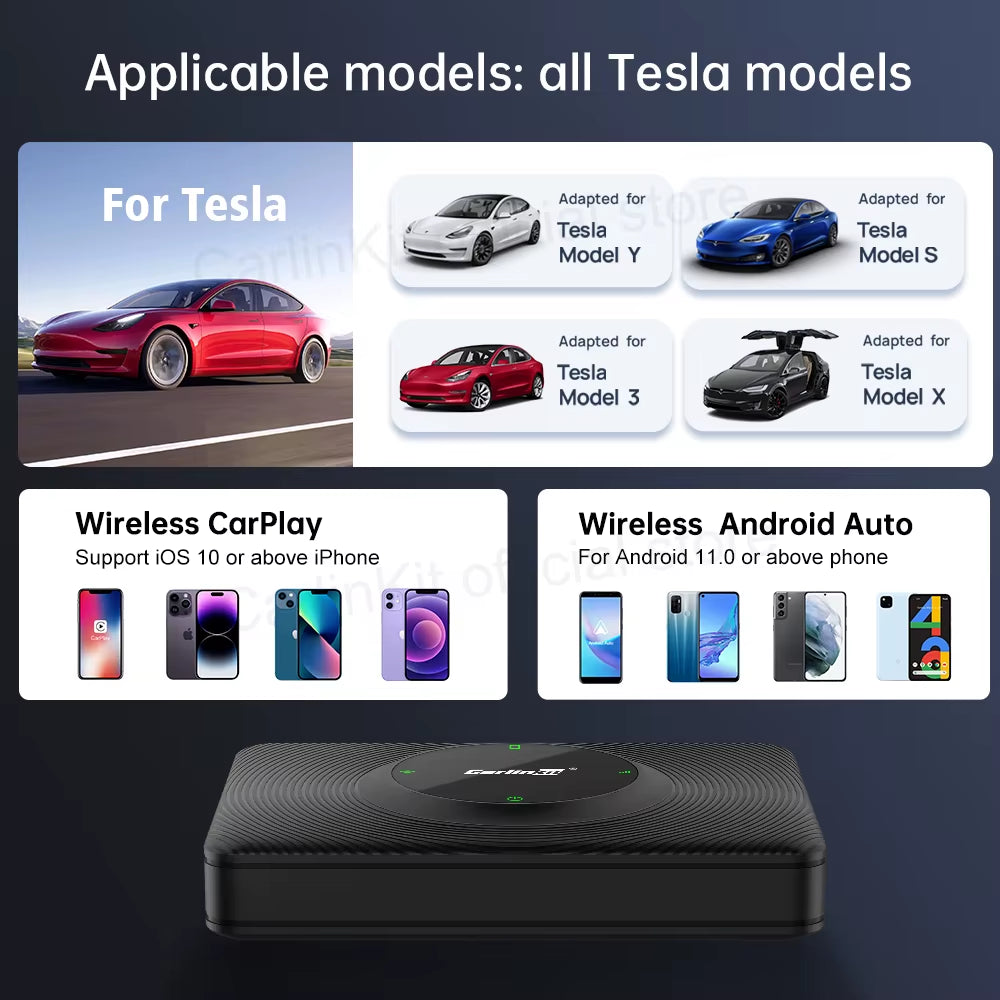 Wireless Carplay Android Auto for Tesla Model 3 Model X Y Model S Auto Connect Siri Voice Assistant Spotify Waze 5G BT