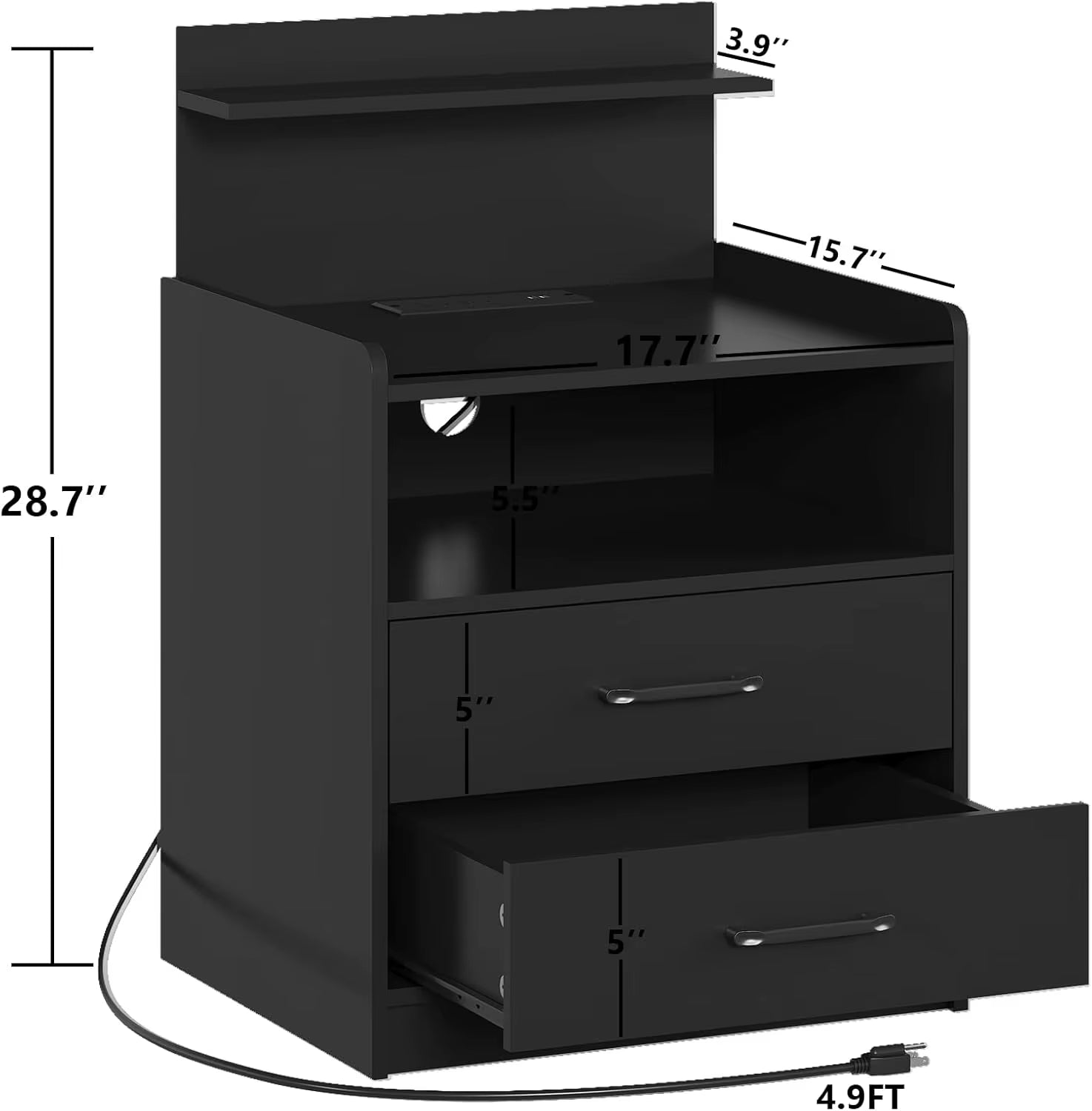 Modern LED Nightstand with Charging Station, 2 Drawers, USB Ports & RGB Lights - Black