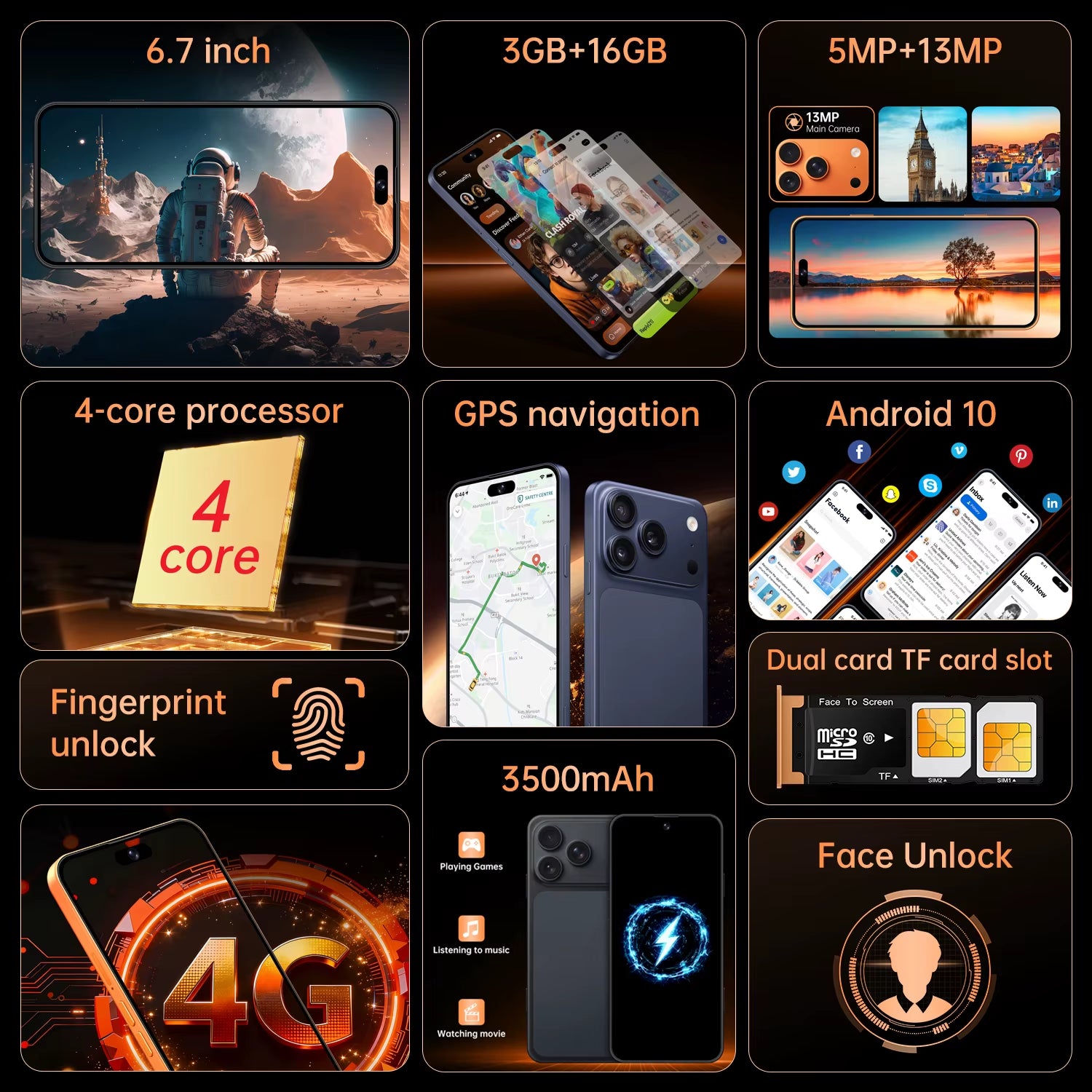 Global Vision 17 Pro Max Smartphone Android 3GB RAM 16GB ROM 6.7 Inch Dual SIM 4G Network 5+13MP Mobile Phones