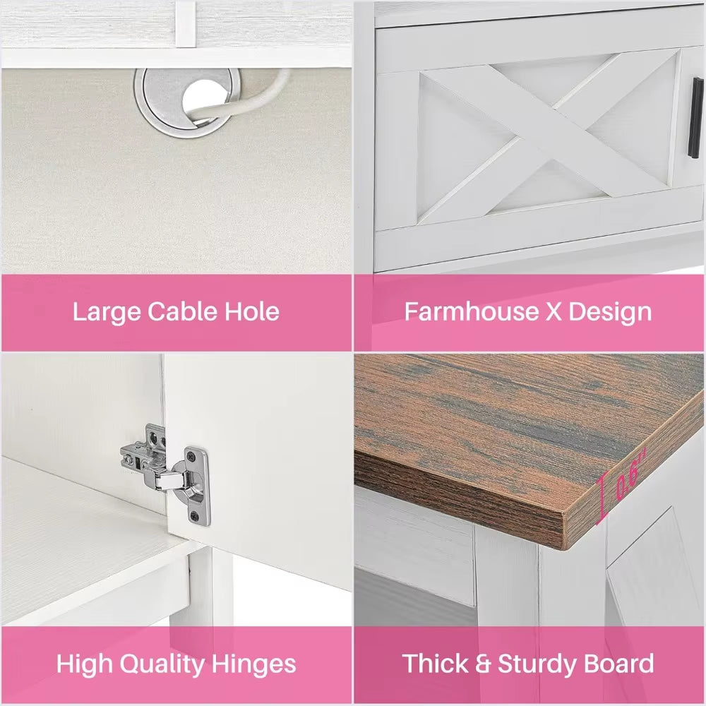 Redlife 65 Inch Tv Stand, White Farmhouse Tv Stand, Entertainment Center with Power Outlets for Tvs, Rustic Tv Stand with Storag