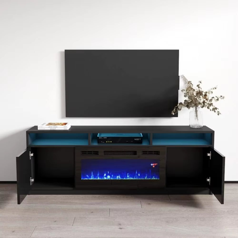 Modern Electric Fireplace TV Stand with High Gloss Finish and Storage Cabinets - 63 Inch Entertainment Center for Living Room