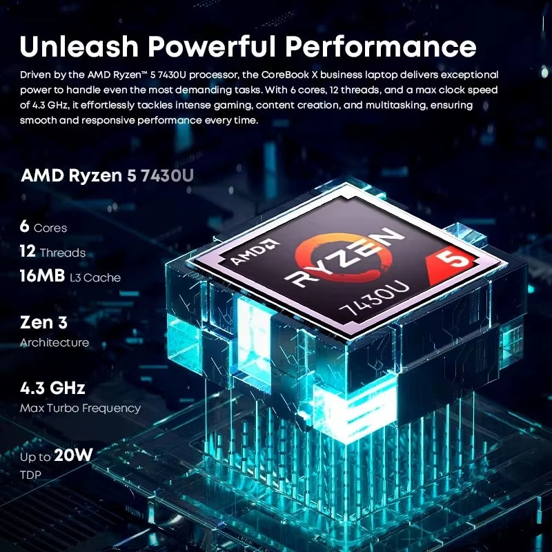 CHUWI Corebook X Gaming Laptop 14.1 Inch 2K IPS Screen  R5-7430U 16GB DDR4 RAM 512GB SSD Windows 11 Wifi6 Notebook Computer