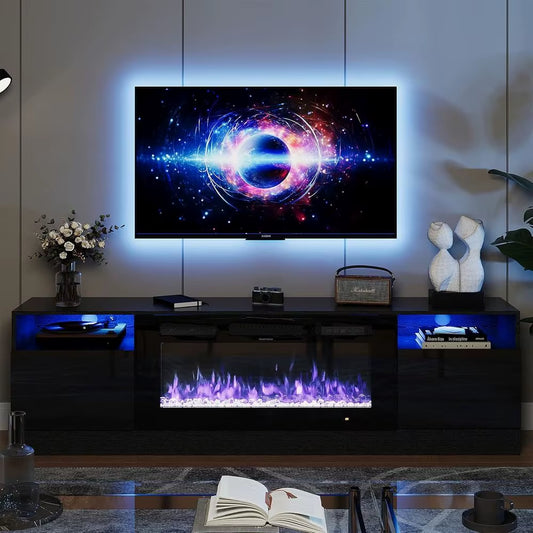 36In Electric Fireplace, LED Light Entertainment Center, Dark Wood Grain TV Stand for Tvs up to 80