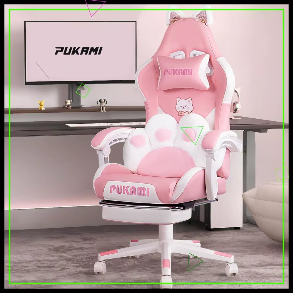 Cute Pink Gaming Chair with Cat Ears & Paw Lumbar Cushion, Ergonomic Reclining PC Chair for Girls with Footrest