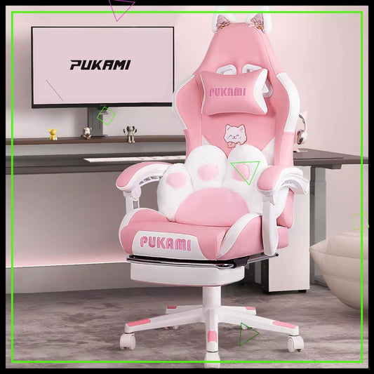 Cute Pink Gaming Chair with Cat Ears & Paw Lumbar Cushion, Ergonomic Reclining PC Chair for Girls with Footrest