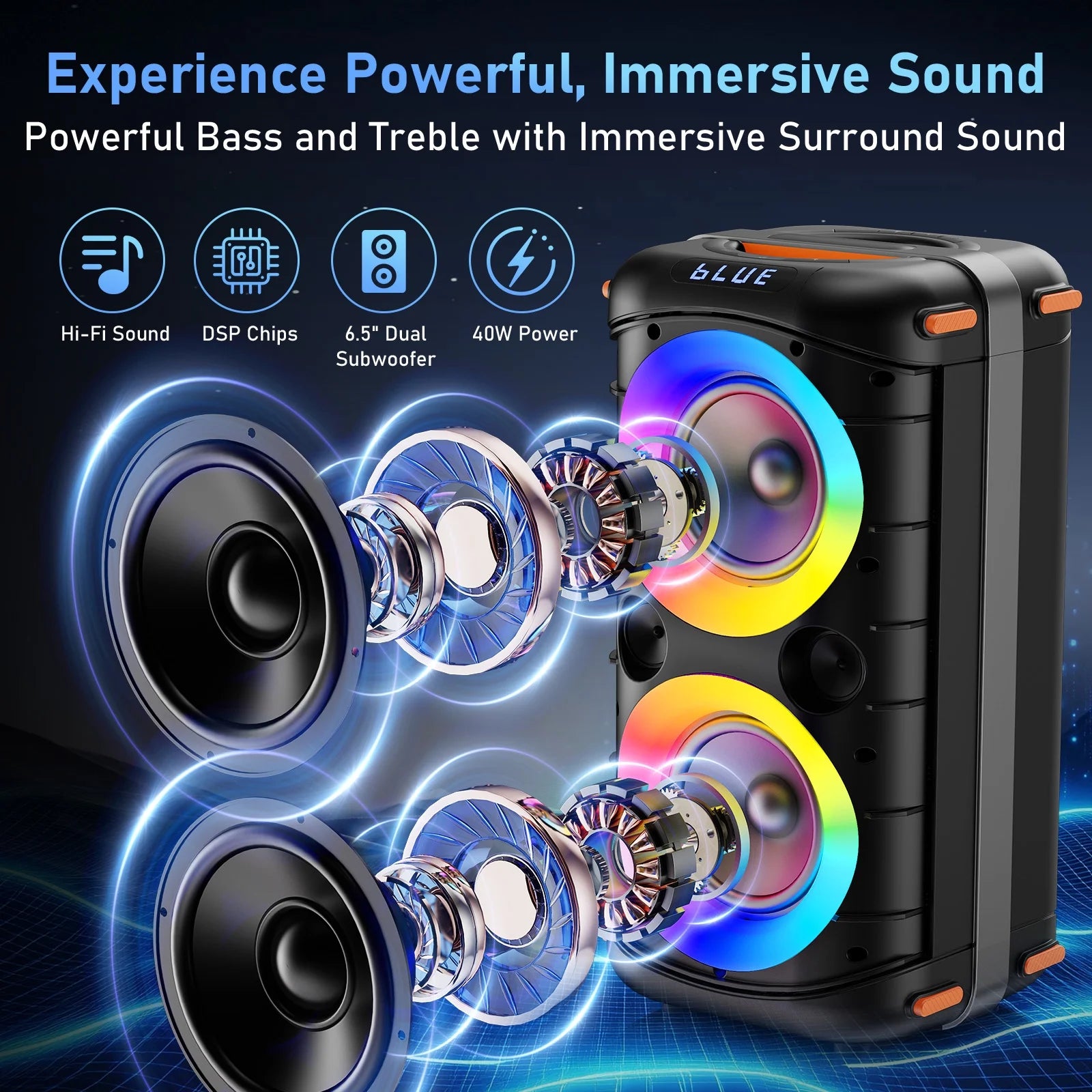 Bluetooth Speaker, Home Singing Portable Party Speaker with 2 Microphones, Dual 6.5'' Subwoofer Deep Bass, Rgb Lights, T27-T