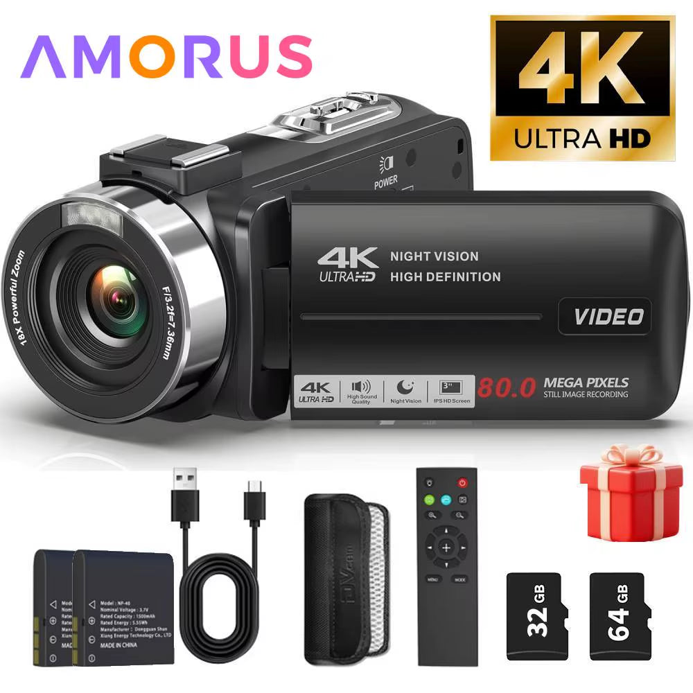 4K Video Camera Camcorder Ultra 80MP Digital Camera Vlogging Camera for Youtube 3.0" IPS 270° Screen IR Night Vision Handheld DV