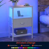 Sthmec Nightstands Set of 2 LED Bedside Tables with Charging Station and Fabric Drawer Night Stand with Storage 3 Tier Side Tab