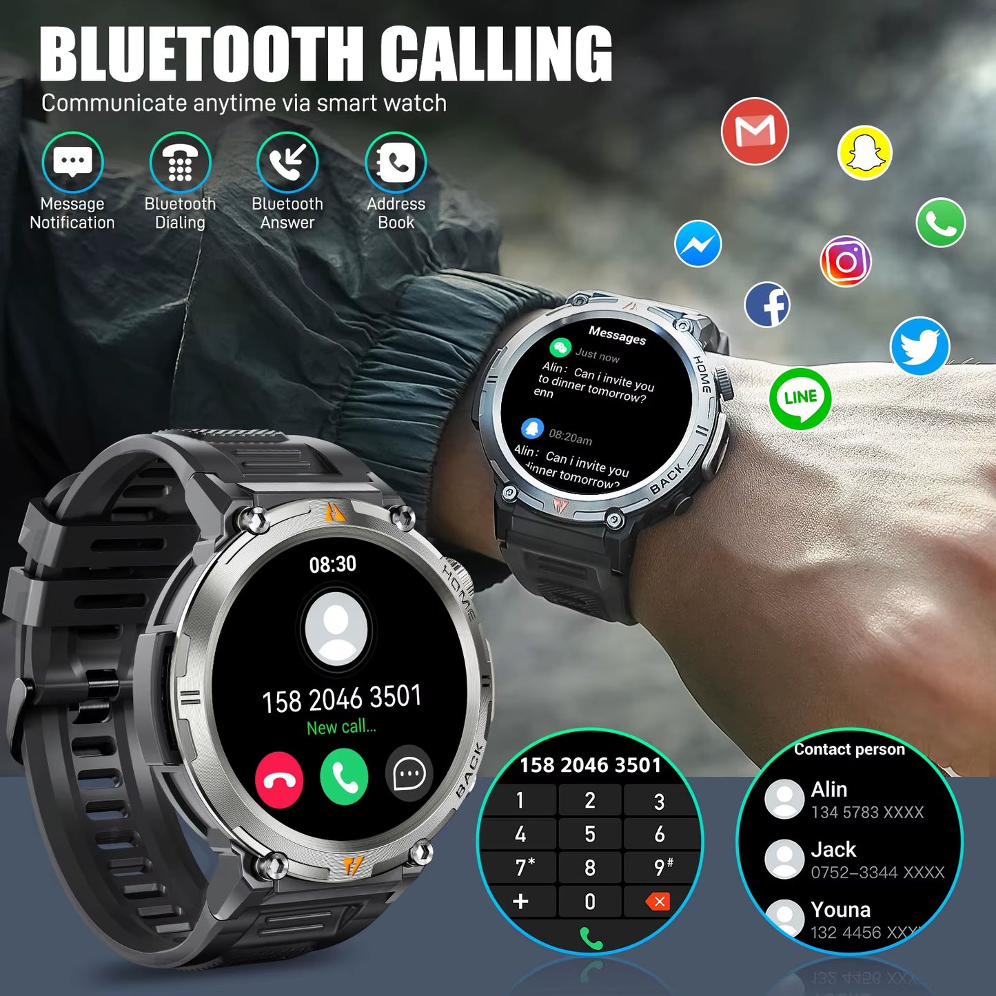 KE3 Black Bluetooth Call Smart Watch Men Full Touch Screen Health Monitor with Flashlight Men Smartwatch for Ios Androi