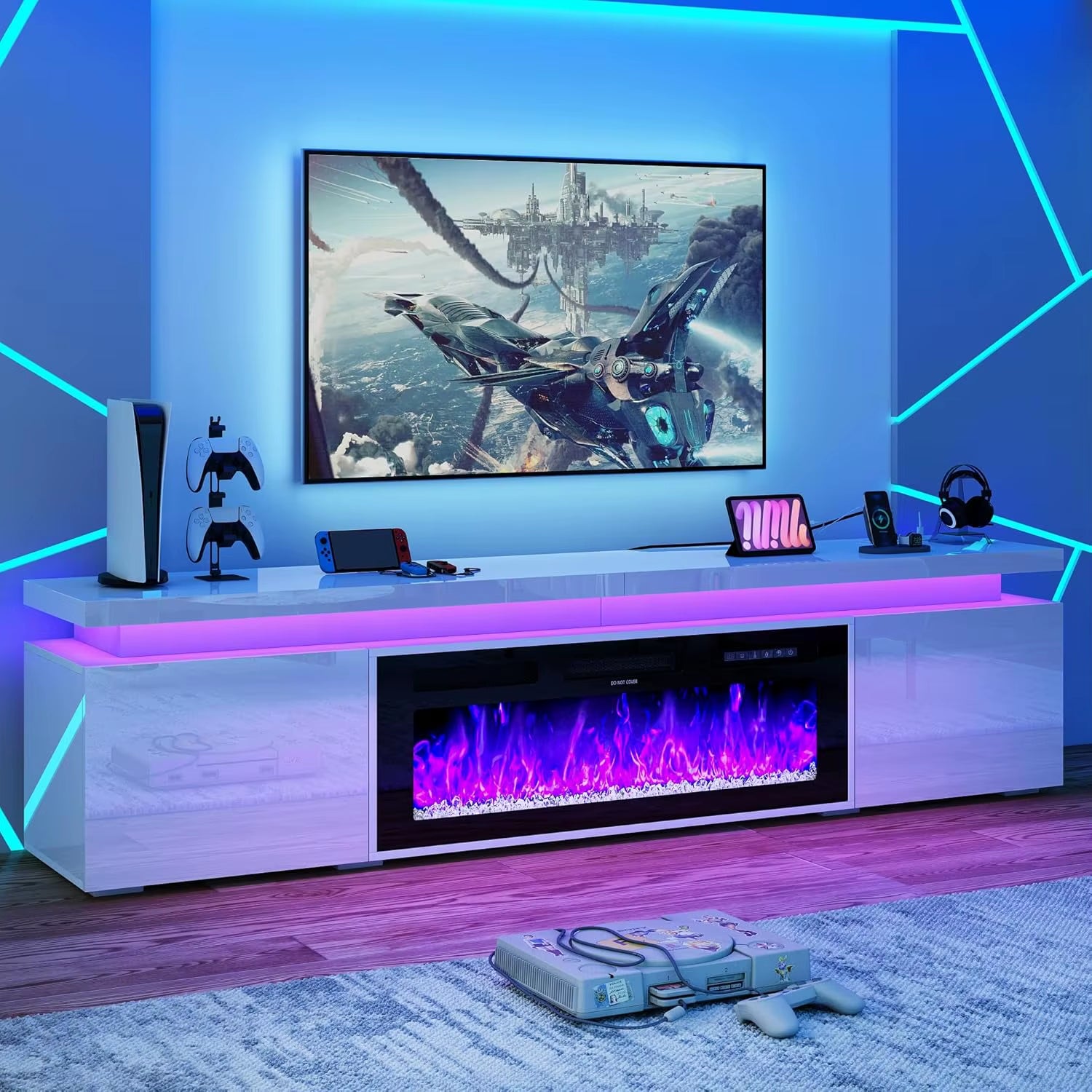 Black High Gloss LED TV Stand with Electric Fireplace and Power Outlet, 2 Storage Cabinets for 95 "TV Modern Furniture