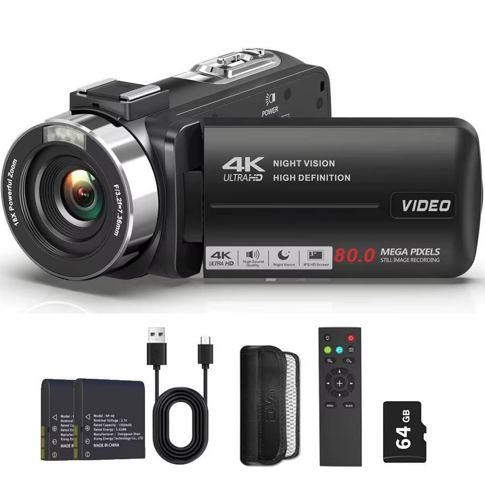 4K Video Camera Camcorder Ultra 80MP Digital Camera Vlogging Camera for Youtube 3.0" IPS 270° Screen IR Night Vision Handheld DV