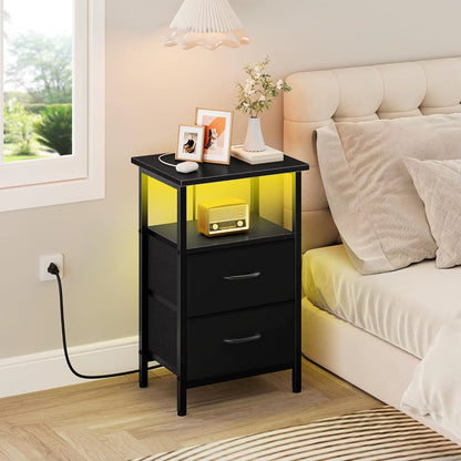 2-Piece Nightstand Set with LED Lights & Charging Station, 2 Fabric Drawers & Storage Shelves, Black Bedside Tables for Bedroom