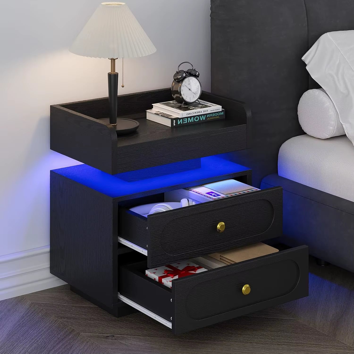 Black Nightstand with Charging Station, Bedside Table for Bedroom, LED Nightstand, Modern Night Stand with Drawers,, Customized