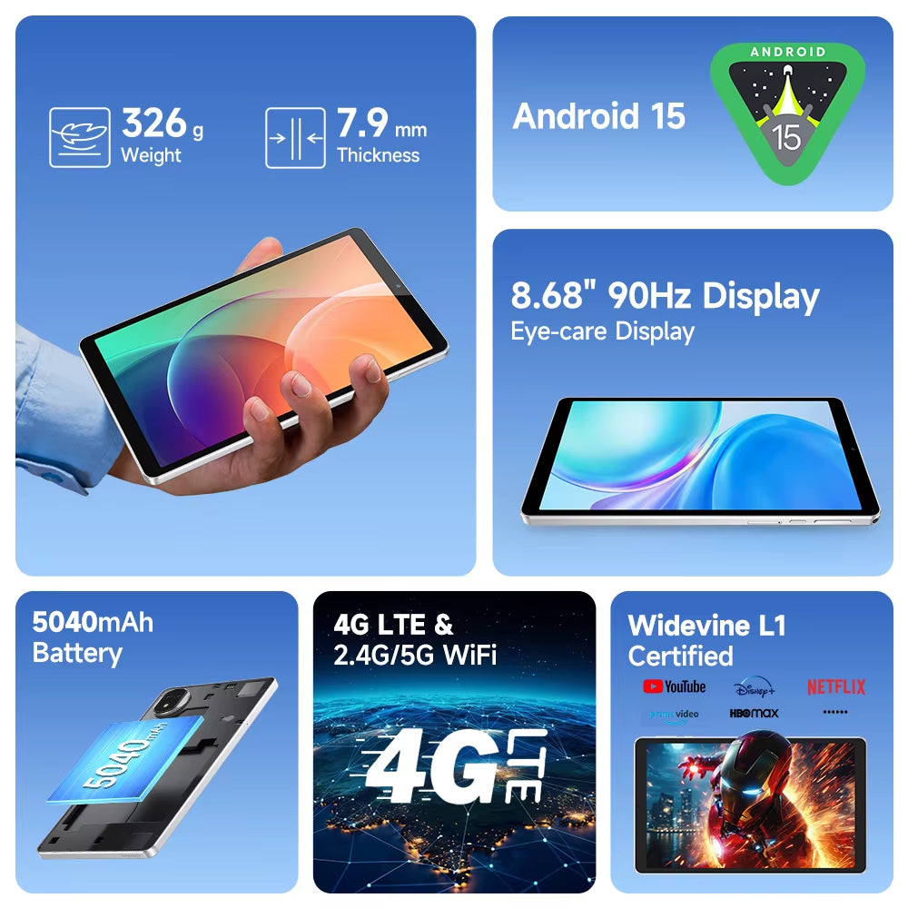 【2025 New】 Tab A9 Pro Kids 4G Tablet Android 15 RAM(8+8) 128GB ROM 5040Mah 8.68" Display Child-Friendly TÜV Eye-Comfort